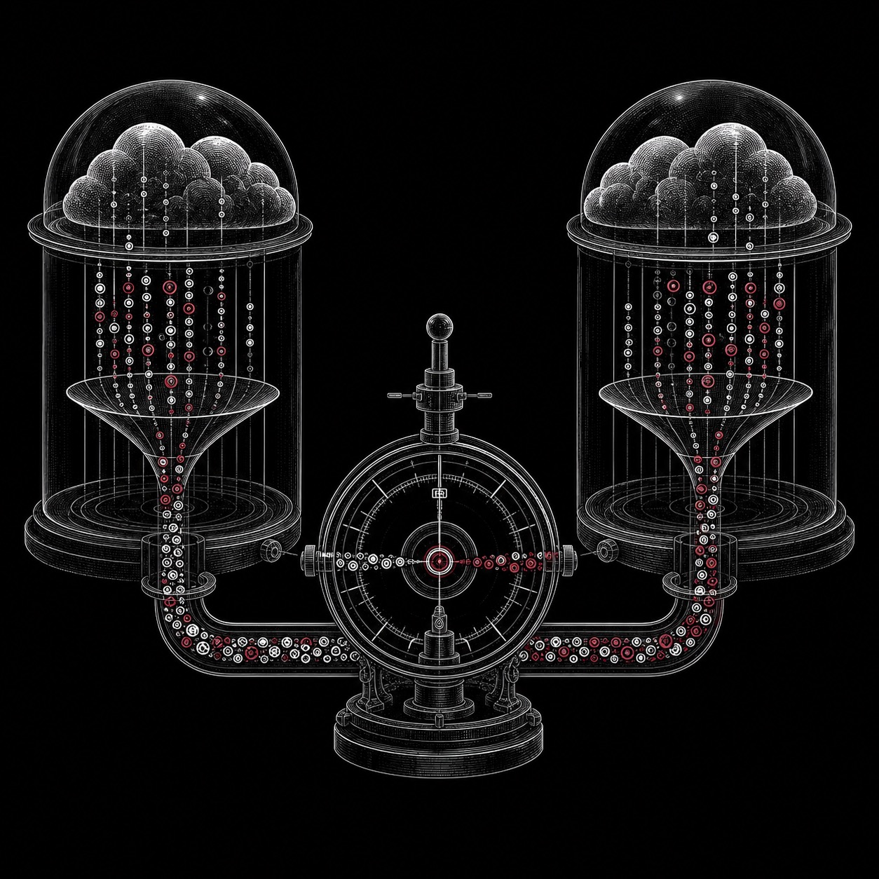 Two cloud tracking systems sending event signals through a central measuring instrument