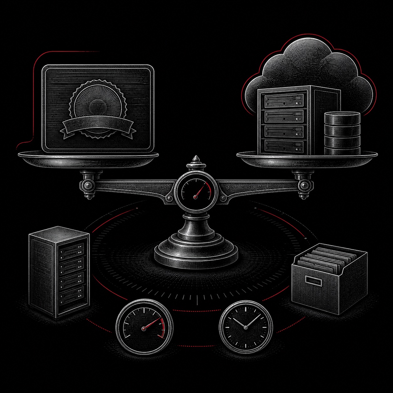 A cost comparison board balancing a self-hosted server stack against a managed cloud tracker