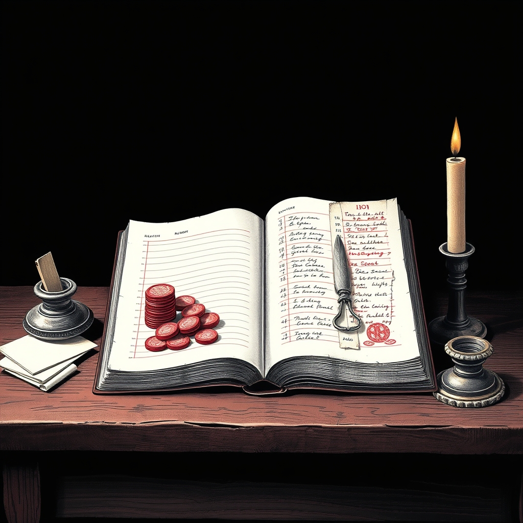Раскрытая бухгалтерская книга на деревянном столе, перо застыло на полуслове, одна страница завалена монетами, а противоположная покрыта рваными чеками и долговыми расписками, рядом чернильница