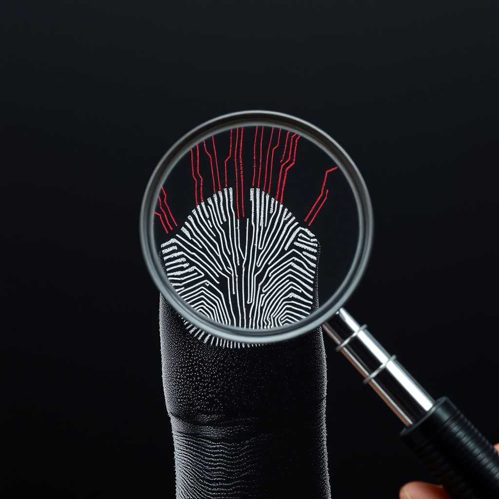 A fingerprint made of circuit-board traces instead of natural ridges, held under a magnifying glass