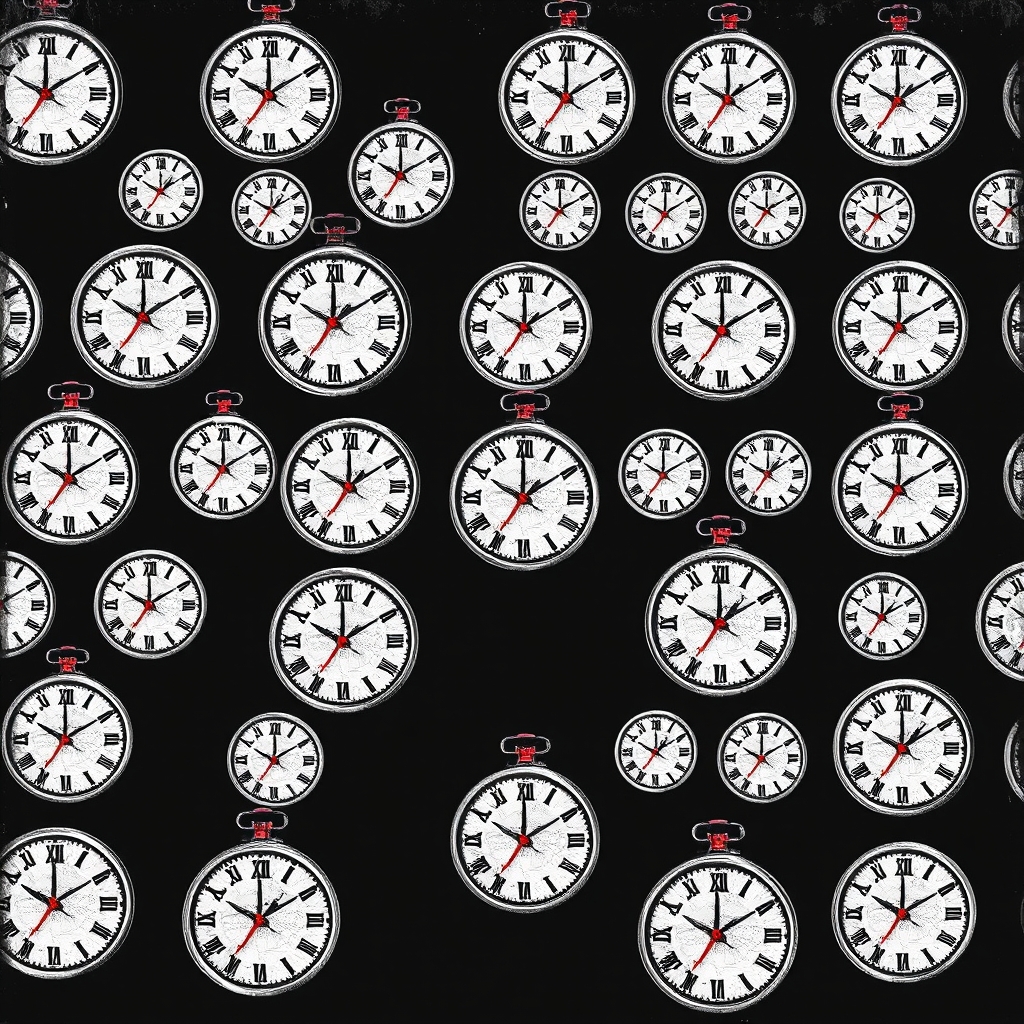 A wall of identical clocks all frozen at the exact same second, their gears exposed