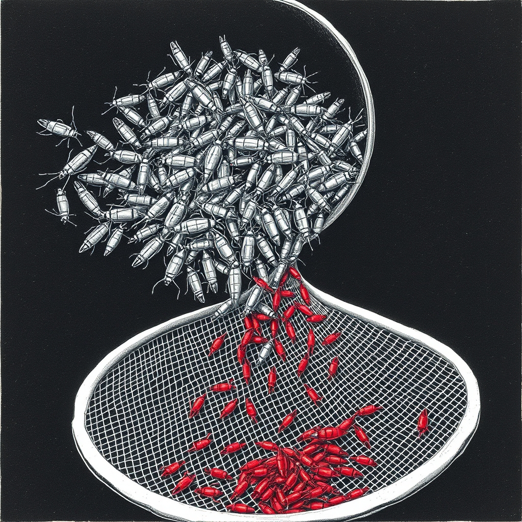 A dense swarm of identical mechanical insects funneling toward a fine mesh sieve that catches most of them