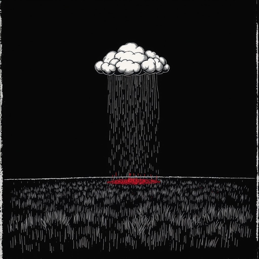 A single storm cloud raining identical uniform droplets onto one narrow patch of ground while the surrounding field stays dry