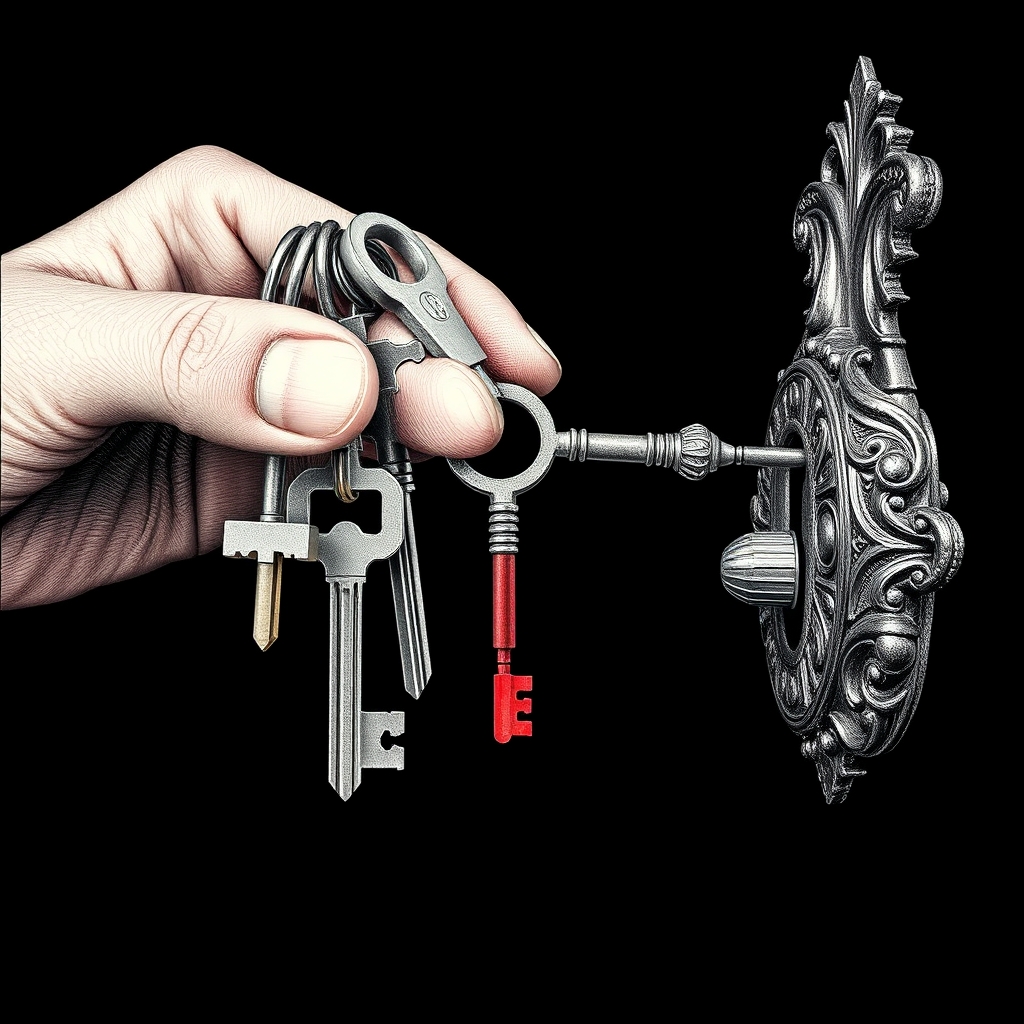A hand testing several differently shaped keys against a single lock, with only one key fully seated in the mechanism