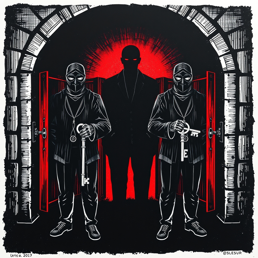 Two masked figures each holding a single key to a different vault door, with one taller silhouette watching over both