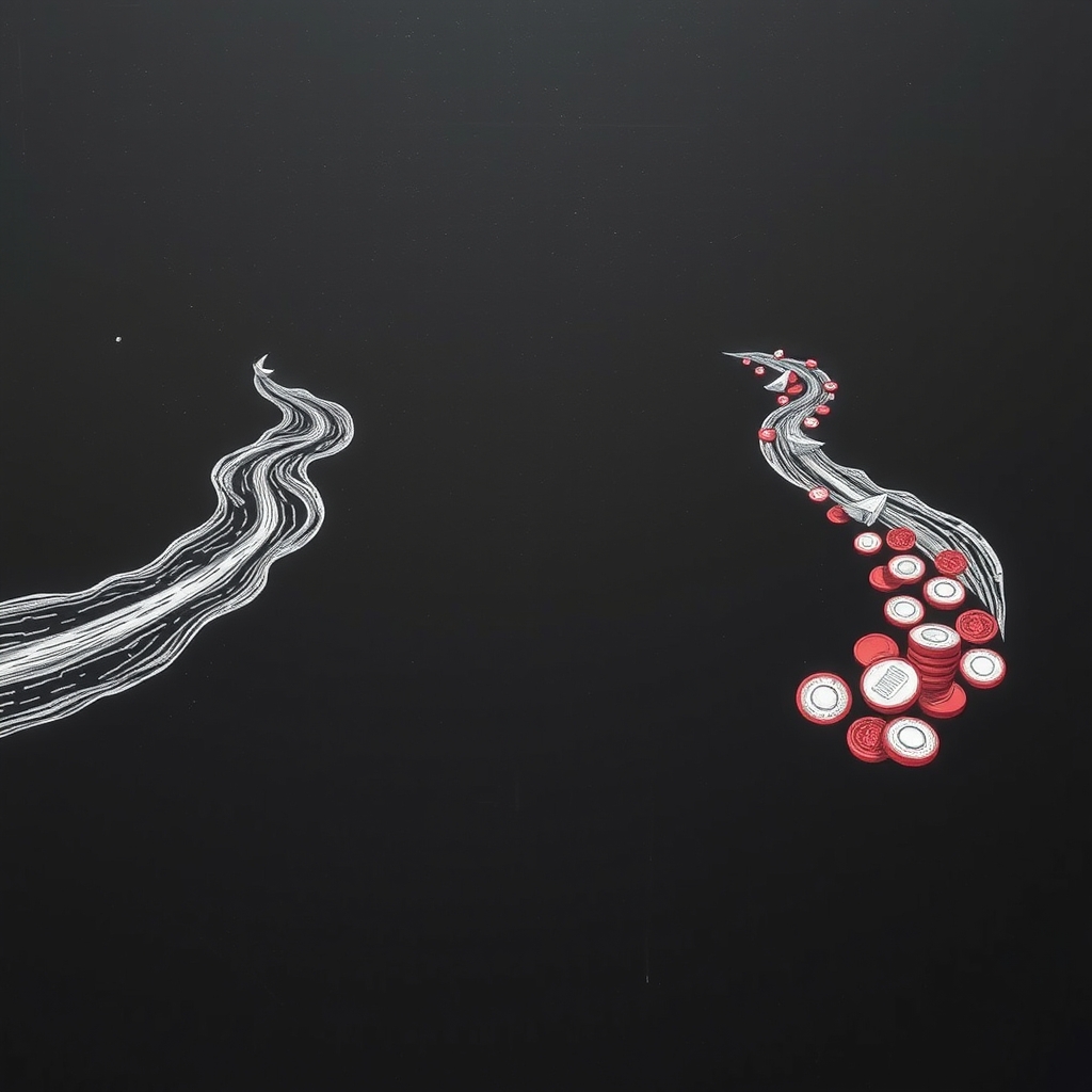 Two rivers, one carrying small paper boats and the other carrying coins, merging into a single reservoir