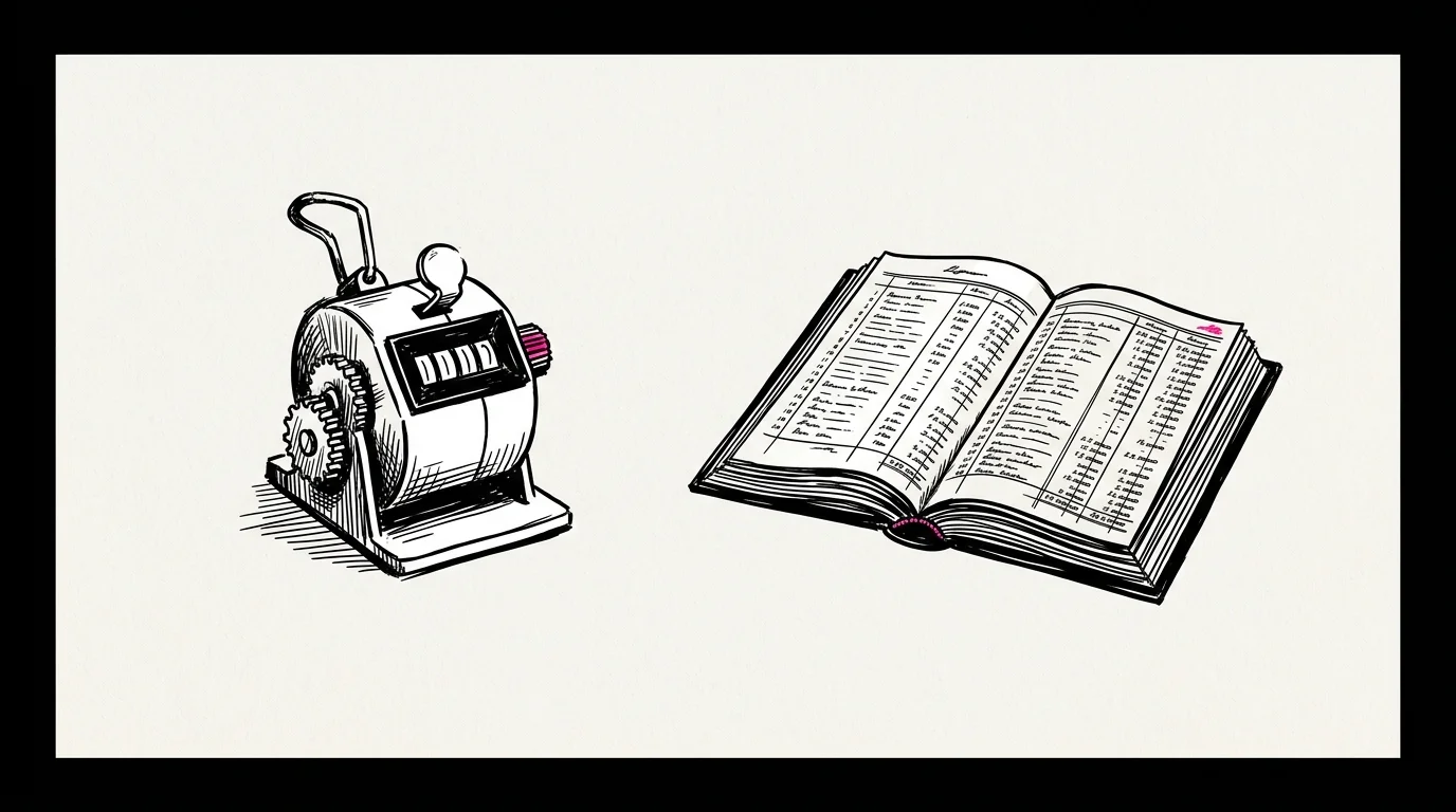 A mechanical tally counter beside an open ledger: a conversion count on one side, the full record of the money on the other
