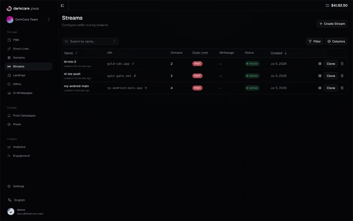 DarkCore — список стрімів із доменами, клоакою і статусами