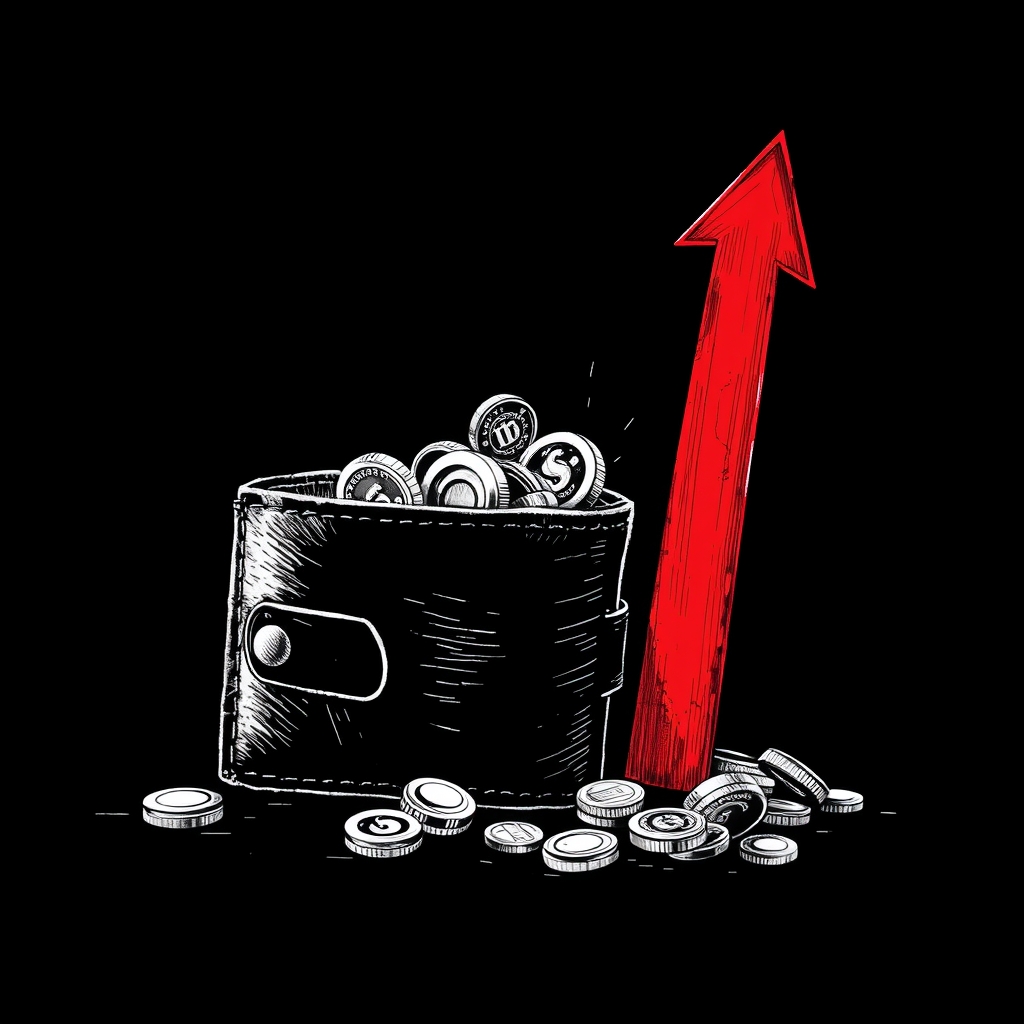 A wallet draining coins next to a sharply spiking price arrow